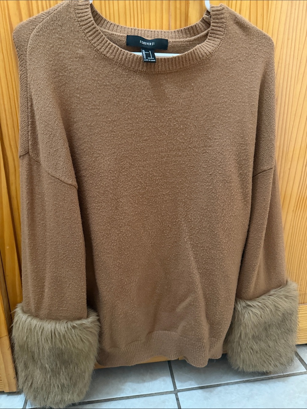Forever 21 Brown Crewneck Sweater with Faux-Fur Cuffs